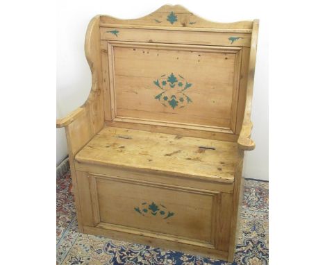 Small pine hall bench with raised back, hinged seat and green painted detail, W80cm D44cm H110cm 