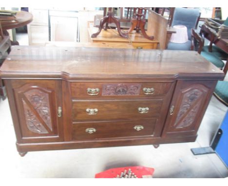 Victorian walnut breakfront sideboard, three drawers enclosed by two carved panel doors, W180cm D57cm H90cm 