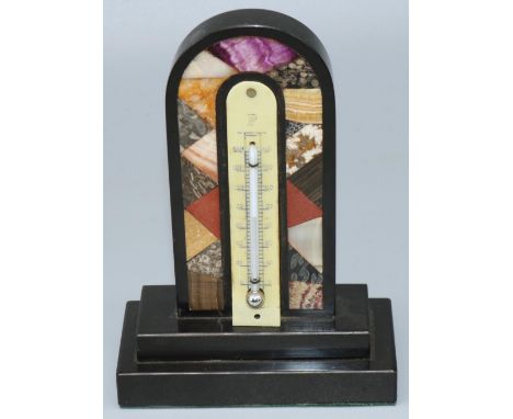 Dom Joly Collection - Grand Tour specimen marble and polished agate desk  thermometer, on stepped rectangular base, H15cm W10