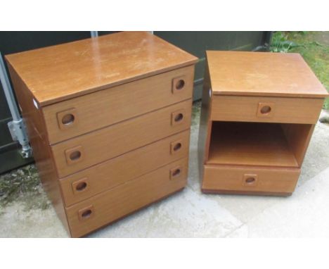 Mid-century Schreiber teak chest of four long drawers, and a similar lamp table, W61cm DC43cm H73cm max (2) 