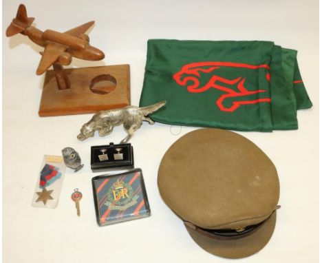 Royal Fusiliers officer's cap, Royal Military Police paperweight, vintage Morris car key, silver plated pepperette in the for