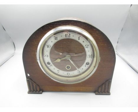 1930's oak cased Westminster chiming mantle clock, chrome plated bezel enclosing applied silvered Arabic chapter ring, moveme