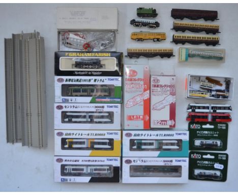 Collection of N gauge tram and train models to include 3 boxed Tomytec electric trams (plus 1 unboxed), 2 boxed Tomytec elect