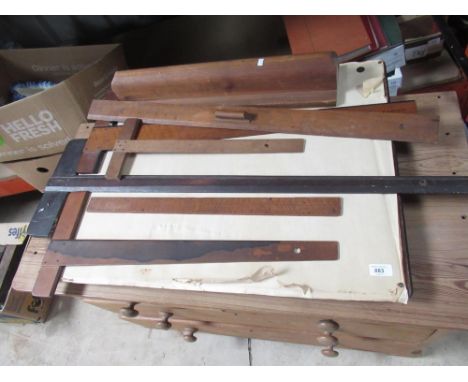 Drawing board, boxwood scale ruler, four T squares etc, (8) 