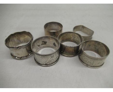 Edw.VII hallmarked Sterling silver napkin ring by John Henry Potter, Sheffield, 1906, and five other silver napkin rings, 4.0