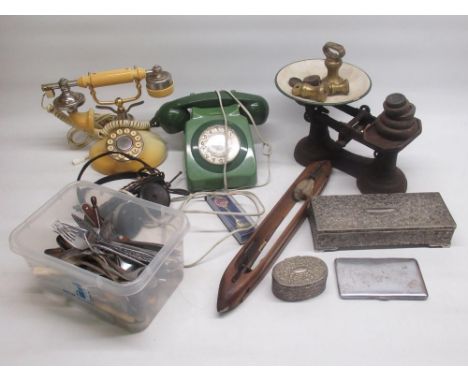 Betacom Regal French telephone, green telephone, kitchen scales and weights, assorted cutlery, etc. 