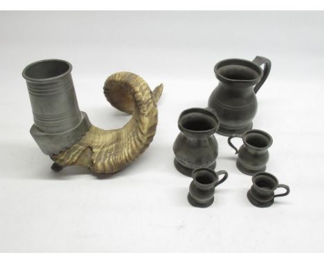Ram horn and pewter candlestick with five various pewter tankards (6) 