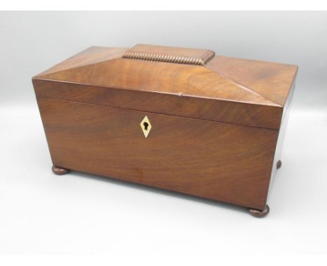 Mahogany tea caddy, missing bowl, H16cm W30cm D15cm 