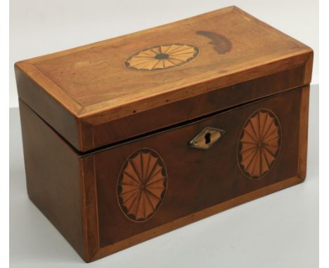 Early C19th satinwood crossbanded rectangular tea caddy, inlaid with three fan paterae, interior removed, W21cm d11cm H12cm 