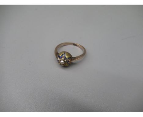 Victorian yellow metal domed ring set with blue enamel star and seed pearls, size R1/2, 3.7g 