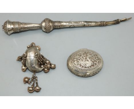 Early C20th foreign white metal Torah pointer, decorated with scrollwork and stylised foliage, some faults, L23cm, a Continen