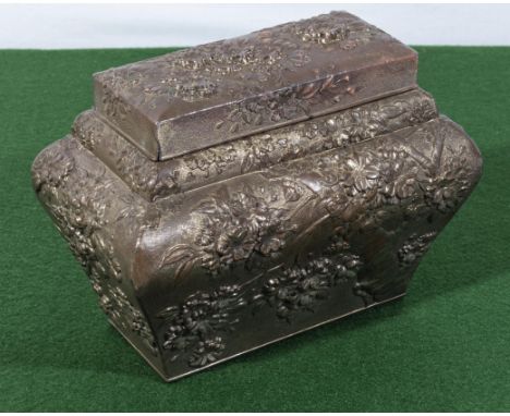 Chinese silvered copper 19th century tea caddy embossed with cherry trees and blossom