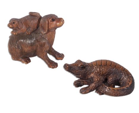 A Hardwood crocodile and a dog with pup netsuke