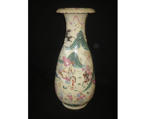 Chinese crackle glazed pottery vase painted with equestrian figures, lions and other figures in a landscape, seal mark to bas