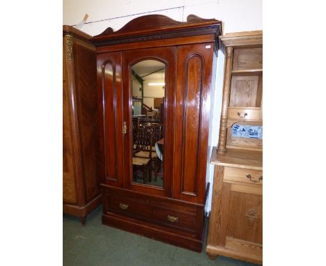 Edwardian walnut mirror door wardrobe with deep drawer on plinth base, 124cm wide