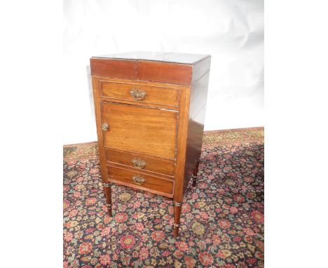 C19th mahogany commode with twin hinged top over a cupboard, 43 W, 2 painted mirrors, and a 1930's fire screen.