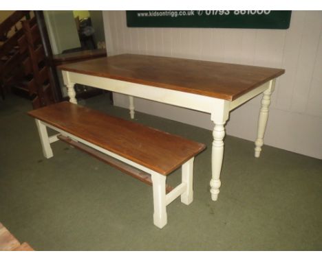 Cream painted and wooden top dining table, 181cmL and a matching bench, 160cmL