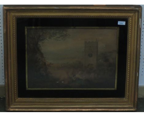 C19th English School - Mother and two children in a cornfield, farmer gathering wheat beyond, church and village in a river l