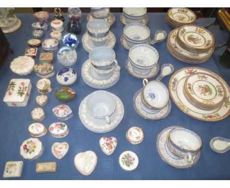 Qty of Spode old blue and white plates  retailed by Harrods and qty of mixed china and glass paper weights