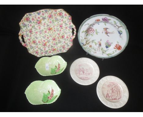 Pair of Carltonware green leaf dishes & assorted ceramics & glasses to include an Old Cottages Chintz pattern plate & 2 C19th