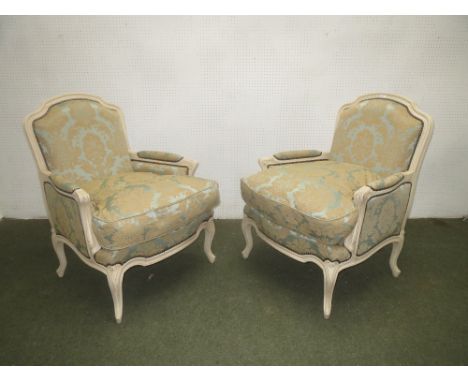 Pair of white painted & upholstered armchairs, with green gilt upholstery and squab cushion