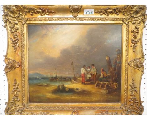 C19th Continental School Figures on a harbour wall with estuary beyond, oil on board, unsigned, 29cm x 34cm, Winifred Pratt '