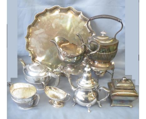 Continental two piece tea service, a plated twin handled salt, a plated teapot, Elkington silver plated salver, initialled. O