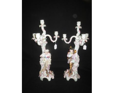 Good pair of Dresden style four light candelabra, each with three scrolling branches on tree like supports, supported on a pi