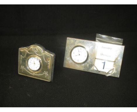 Modern 925 standard silver mounted desk top clock calendar and a small silver mounted time piece