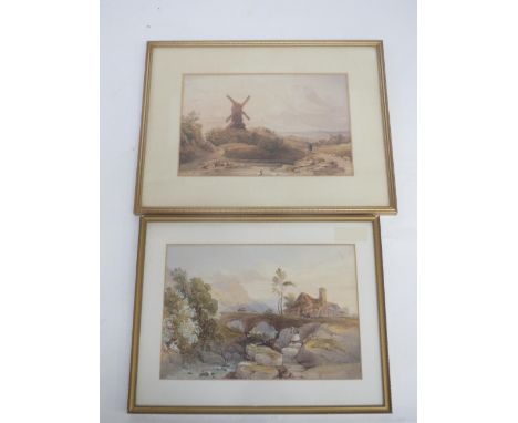 Early C19th English School 'Figures on a bridge in a landscape', 'Figure on a path beside a Windmill' watercolours, a pair, u