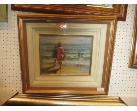 Oil on panel, studio framed seascape with children sea gazing 18cm x 24cm