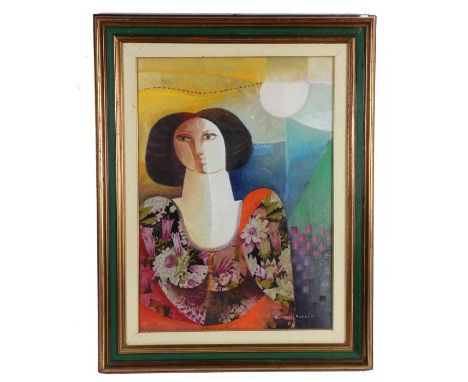 Vittorio Maria di Carlo (Italian 1939-2015) Portrait of a lady, signed oil on canvas, dated 1984, 49cm x 69cm