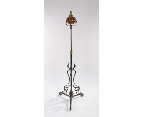 W.A.S. Benson style floor standing oil lamp, the copper reservoir above a steel stand with adjustable central column, raised 