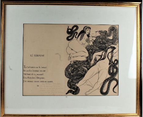 French School print, entitled 'Le Serpent', with text and handwritten note, housed in a black and gilt glazed frame, 49cm wid