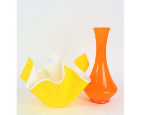 1960's bright orange glass vase, with long slender neck and bulbous body, 25.5cm high, together with a yellow and white glass