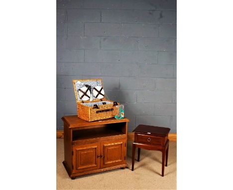 Light oak veneered cupboard, the rectangular top above storage space and two hinged doors, together with a mahogany veneered 