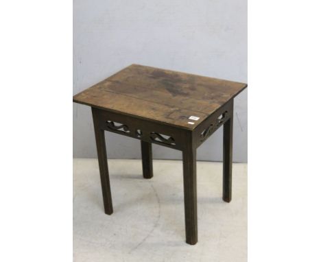 18th century Fruitwood Side / Lamp Table with pierced carving to apron and raised on chamfered square legs,, 63cms x 50cms x 