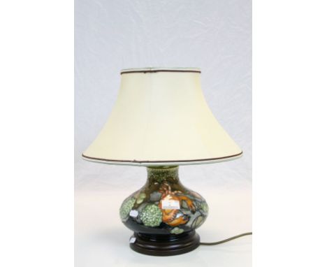 Squat Moorcroft Pottery Lamp with "Seaside" decoration including Crabs &amp; Starfish, stands approx 17cm excluding the woode