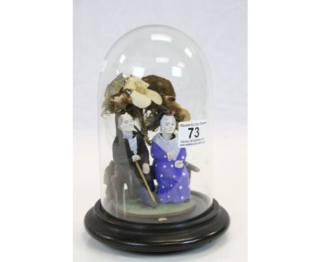 Ceramic elderly couple with nodding heads in a Glass dome with wooden base, dome approx 22.5cm tall including base
