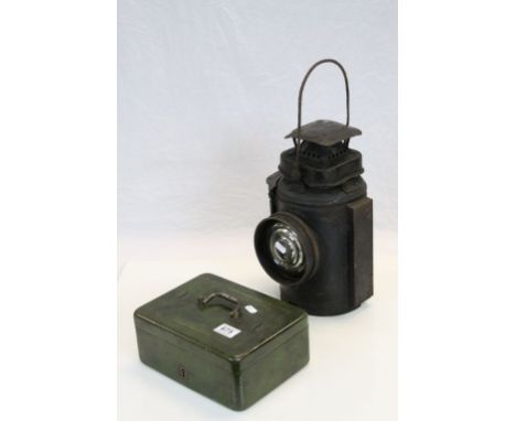 Vintage Adlake non sweating British Rail lamp and a cast iron cash box 