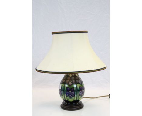 Moorcroft Pottery Lamp with Arts &amp; Crafts style repeated Purple flower decoration, stands approx 18.5cm excluding wooden 