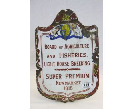 Vintage Enamel Sign ' Board of Agriculture and Fisheries Light Horse Breeding, Super Premium, Newmarket 1918 ' 37cms x 25cms