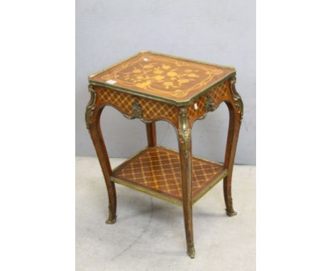 French Louis XV Walnut Marquetry Inlaid Side Table with Gilt Metal Mounts, single drawer to end and shelf below, 50cms long x