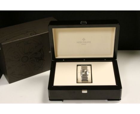 Boxed Ladies Patek Philippe Twenty 4 Stainless Steel &amp; Diamond Bracelet wristwatch, with Roman numeral &amp; Diamond dot 