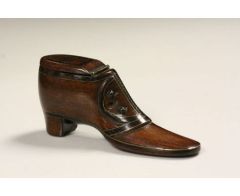 Finely carved 19th Century Wooden "Shoe" Snuff box with Copper &amp; Brass stud detailing &amp; a hinged lid, measures approx
