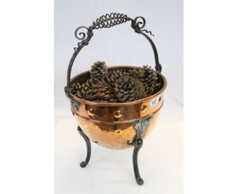 Arts &amp; Crafts Copper and Wrought Iron Coal Bucket on Tripod feet &amp; standing approx 52cm including the handle