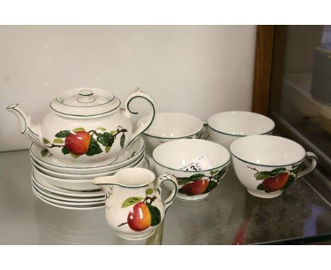 Four place 19th Century Villeroy &amp; Boch ceramic Tea service with Fruit design &amp; numbered to base 1881, lacks one sauc