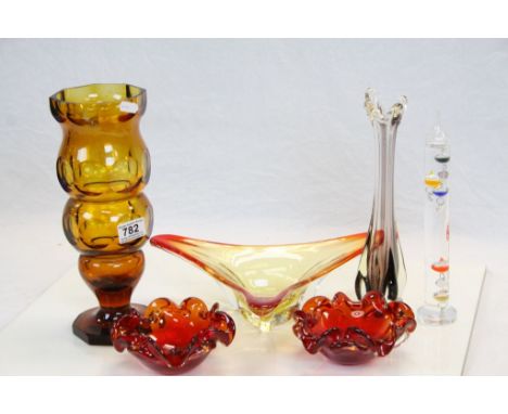 A group of art glass to include vases bowls and a galileo thermometer.