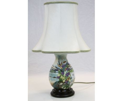 Moorcroft pottery Lamp with "Thistle &amp; Seaside" decoration, stands approx 19cm excluding wooden base &amp; light fittings