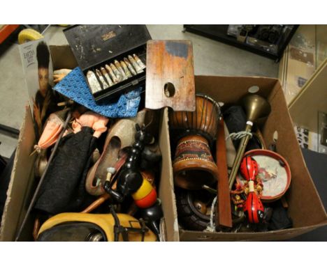 Vintage leather covered cow with 'Moo', quantity of vintage and antique shoes, penknife, leather effect camel etc and quantit